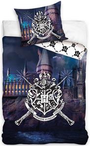 Harry Potter Tylypahkan sinertävät vuodevaatteet, 100 prosenttia puuvillaa.