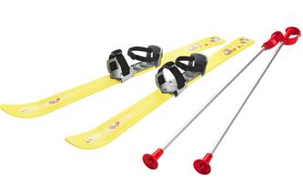 Lasten sukset 90 cm ja suksisauvat, keltainen