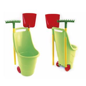 Puutarhakärry lapiolla ja haravalla lapsille